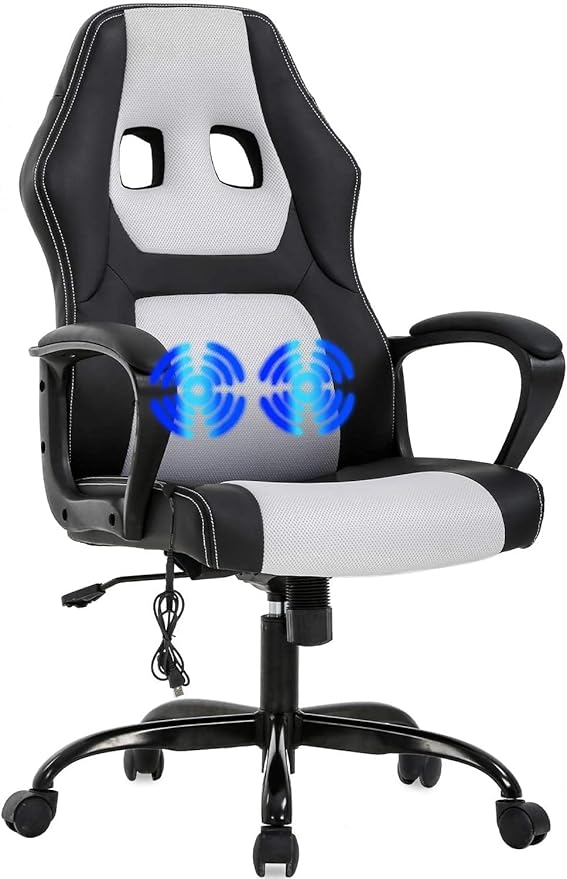 White Gaming Chair Ergonomic Video Game Chair with Massage Lumbar Support Headrest Armrest High-Back Adjustable PU Leather Rolling Swivel Computer Desk Chair for Home Office (White)