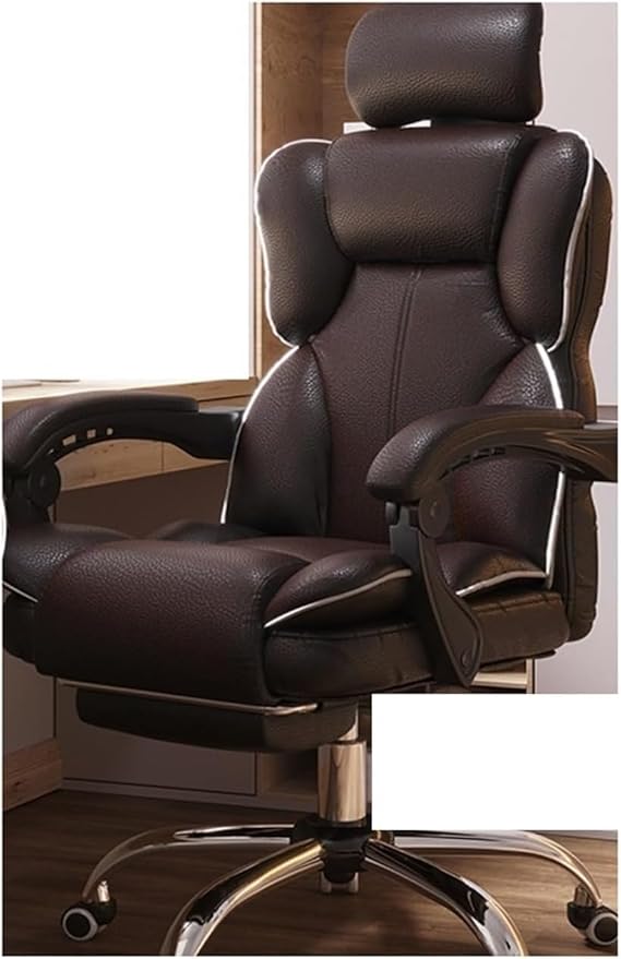 Computer Chair Household Office Chair Gaming Backrest Stool Scroll Wheel Pedal Headrest Latex Leather Rotatable Lifting Chair (Color : Brown Footrest a)