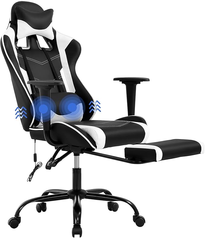 Massage Gaming Chair - Ergonomic PC Racing Office Chair with Lumbar Support Headrest Armrest Footrest - Black Heavy Duty PU Leather Recliner for Adults Gamer (White)