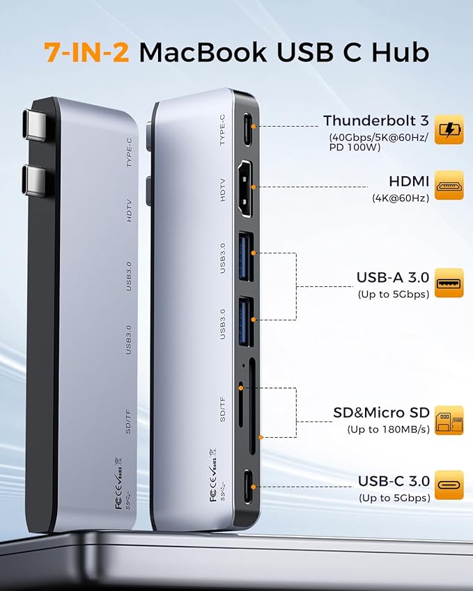 USB C Hub for MacBook Pro/Air M5 M4 M3 M2 M1 2025-2018 13 14 15 16 7 in 2 MacBook Multiport Adapter Accessories Dongle with 4K@60Hz HDMI Thunderbolt 3 USB C&ampA Ports SD TF Card Reader