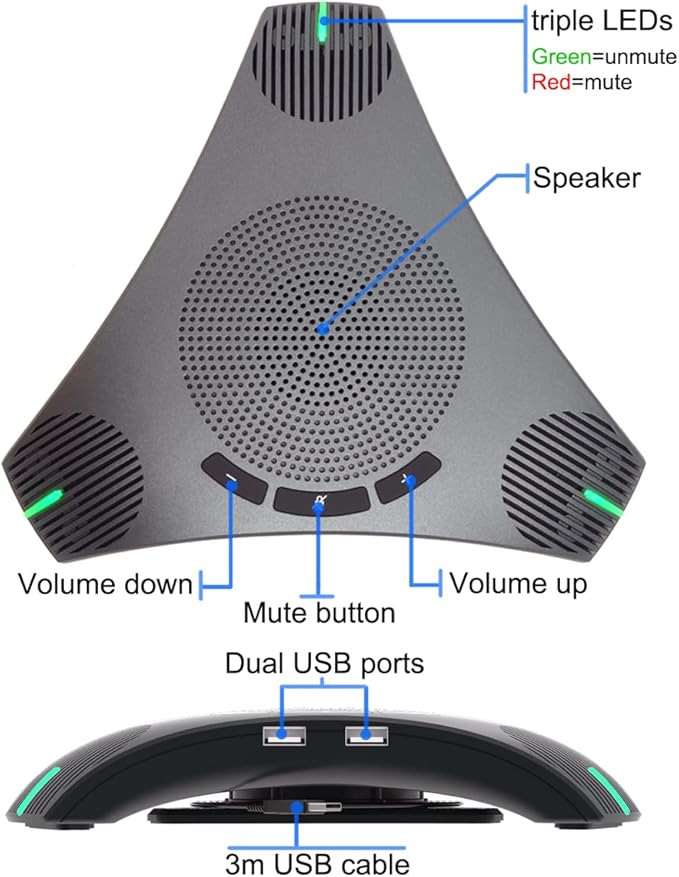 Conference Speaker and Microphone 360° Omnidirectional USB Speakerphone Microphone with USB Hub Noise Reduction/Echo Cancellation Computer Microphone for 8-10 People Business Conference Home Office
