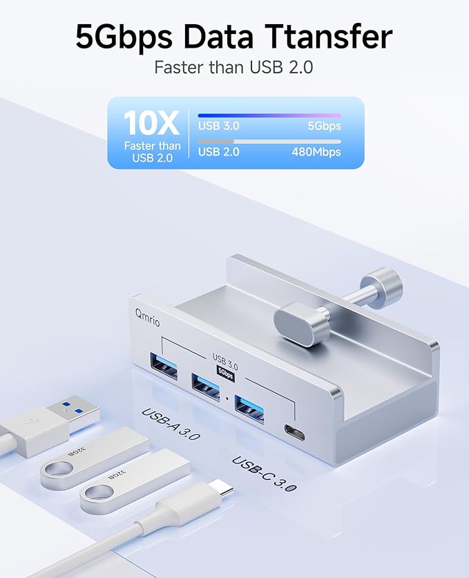 USB Hub 3.0 5Gbps Clamp USB Hub for Desk/Monitors with Extra Power Supply Port 3 USB-A Data Ports USB-C Data Port for iMac Pro/iMac (Silver)