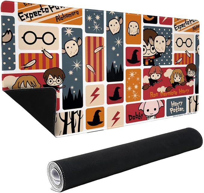 Harry Potter Cute Chibi Pattern Large Gaming Mouse Pad Desk Mat with Stitched Edges Non-Slip Base for Gamer Home and Office 31.5 x 15.7