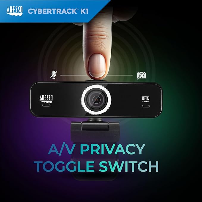 Adesso CyberTrack K1 1080P Full HD Fixed Focus USB Webcam with Adjustable View Angle Built-in Dual Microphones Privacy Shutter Audio/Video Mode Privacy ON/Off Switch &amp Tripod Mount