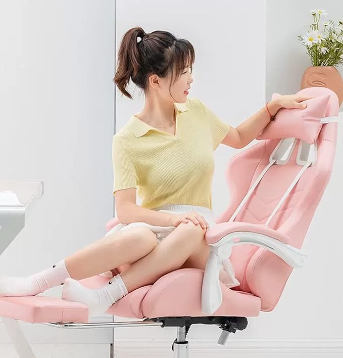Ergonomic pink office chair pink gaming chair with footrest girl gaming chair high back gaming chair with headrest and lumbar pillow gaming chair for adults 150 ° tilt swivel chair for game room
