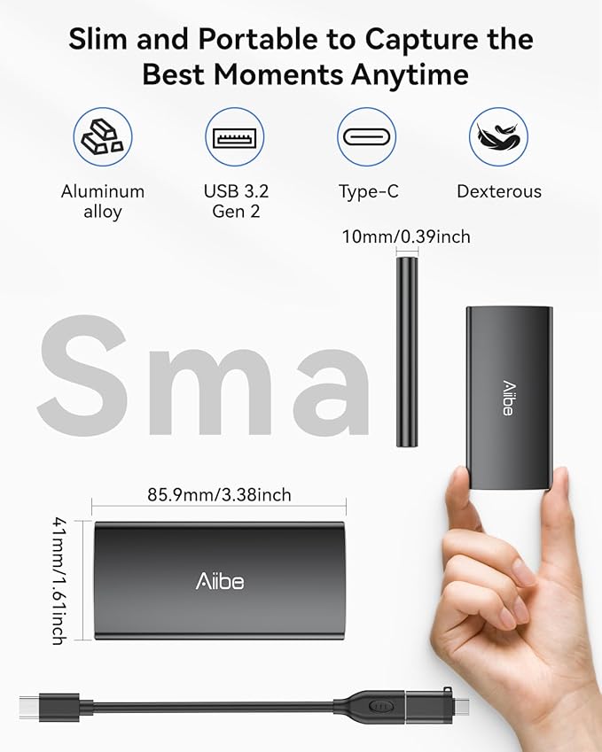 Aiibe 2TB External SSD USB C Portable SSD USB 3.2 Gen 2 Up to 1050MB/s External Hard Drive 2TB External Solid State Drive for iPhone 16/15 Laptop Mac and PS5 (Black)