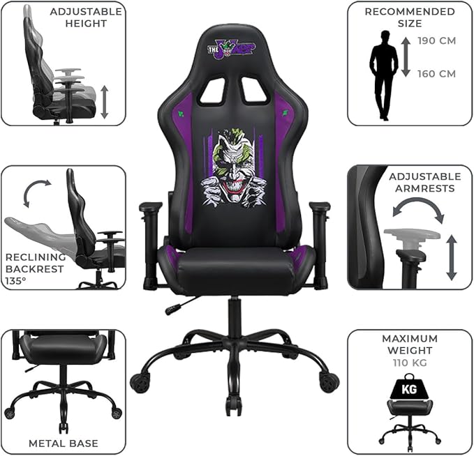 Joker - Gaming Chair or Office Chair Adult Gamer Chair Comfortable seat Integrated headrest Adjustable armrests and Height Ergonomic backrest - Black