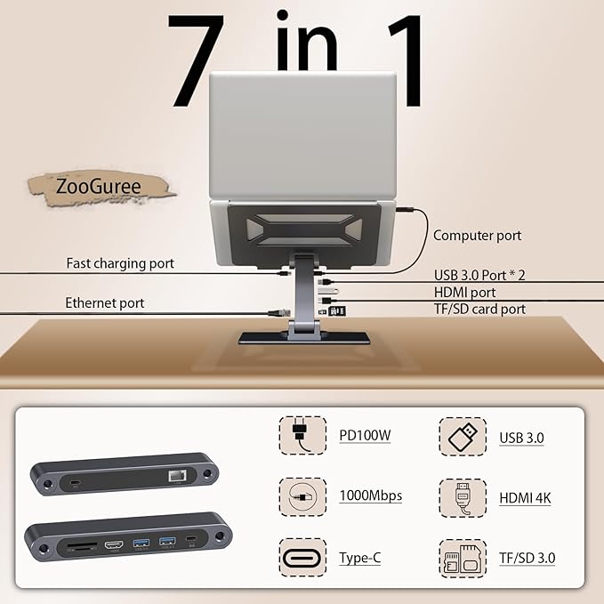 7 in 1 Laptop Docking Station Stand Detachable USB C Hub 4K HDMI 2 USB 3.0 RJ45 PD 3.0 Universal Laptop Stand with 360-degree Swivel Stand