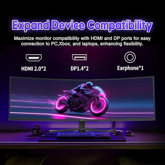 Viewedge 49 Curved Monitor Ultrawide Gaming 120Hz 1ms 32:9 DQHD 5120 x 1440P Computer Monitor R1500 110% sRGB DisplayPort HDMISupport Crosshair and Wall Mount