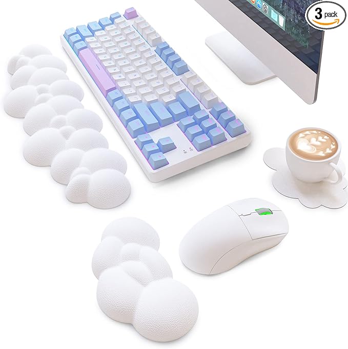 ATTACK SHARK Cloud Mouse Pad Wrist Support and Keyboard Wrist RestErgonomic Design for Typing Pain ReliefMemory Foam Wrist Rest Leather Cup Coaster for DeskOfficeComputer LaptopMac(White)