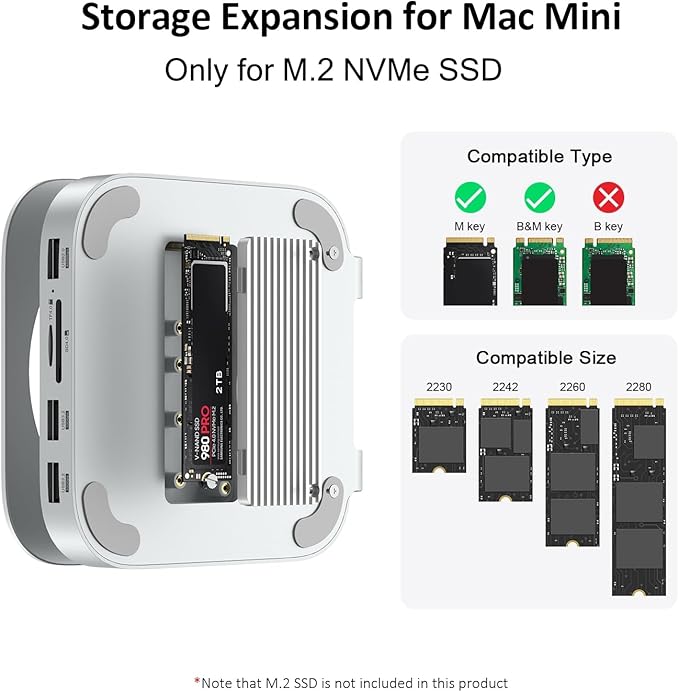 Akyyajaure Mac mini Hub: 9 in 1 Aluminum Stand &amp Dock for Mac mini M4 Pro with M.2 NVMe SSD Enclosure 10Gbps USB-A*2 SD/TF Card Readers USB 2.0