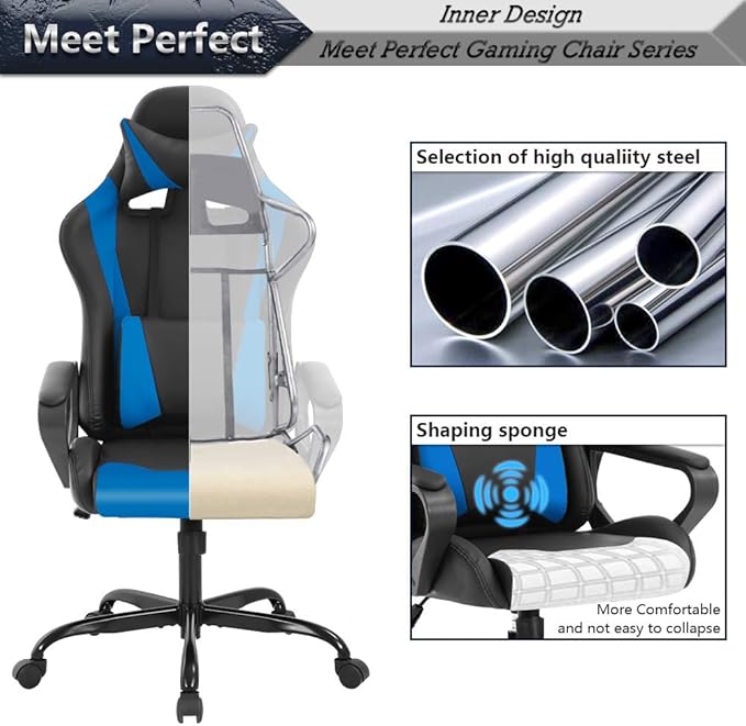 Racing Style Gaming Chair Office Chair High Back Computer Chair Leather Desk Chair Ergonomic Executive Chair Adjustable Video Game Chair Swivel Task Chair w/Headrest and Massage Lumbar Support Blue