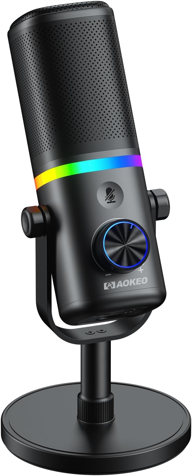 Aokeo Microphone for PC AK-10 USB/XLR Dynamic Desktop Microphone for GamingPodcastStreaming with RGB LightVolume ControlMute ButtonNoise Reduction