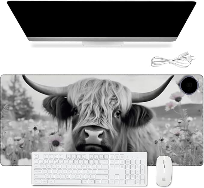Warm Desk Pad Warm Mouse Pad Gaming Office Desk Matwith 3 Levels Heated &amp 3 Hours Auto Shut - 23.6 x 14.2 inch PU Leather Laptop Keyboard Mat for Home Office Hand WarmerHighland Cow Ox Cattle