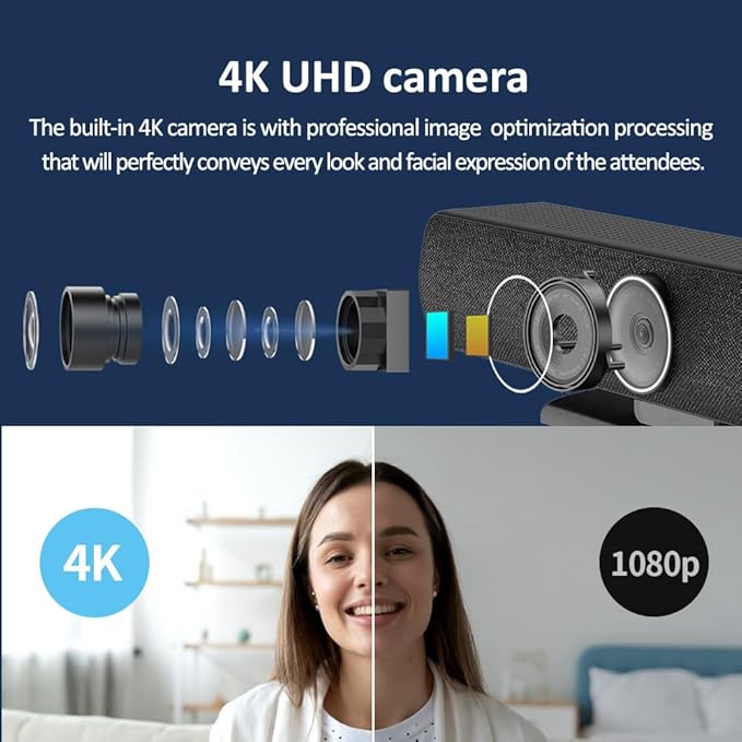 Video Conferencing System 4K Conference Room Camera with 4 Microphones &amp 1 Expansion Mic &amp Speaker AI Face &amp Speaker Tracking 120° Wide Angle View PC/Mac/Laptop/Meetings/Teams/Zoom - L