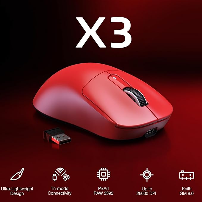 ATTACK SHARK X3 Wireless Gaming Mouse 49g Ergonomic Computer Mouse Triple Modes PAW3395 26K DPI Optical Sensor 200h Battery Life Programmable Buttons Gaming Accessories for PC/Laptop/Mac (Red)