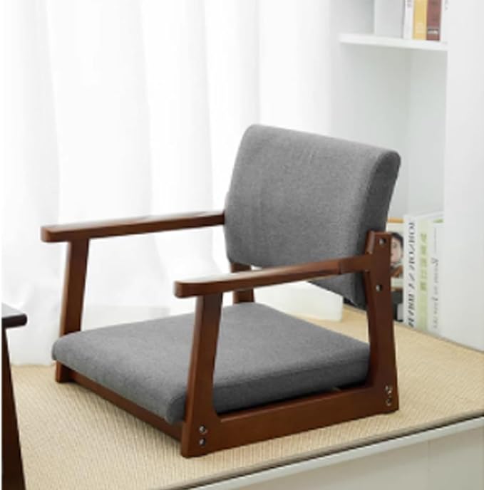 ELEFOCUS Tatami Chair Accent Furniture Meditation Floor Chair Portable Japanese Style Legless Chair with Armrests Lazy Sofa(Dark Grey Cotton LinenWalnut)