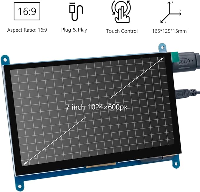 7 Inch IPS LCD Touch Screen Display Panel 1024×600 Capacitive Screen HDMI Monitor for Raspberry Pi5/Pi4/Pi3/ZERO W BB Black Windows 10 8 7