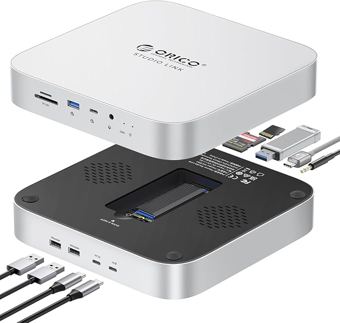 ORICO StudioLink Mac mini Hub with SSD Enclosure &amp 7-in-1 Ports | NVMe/SATA M.2 SSD Dock for Mac mini M1/M2/Mac Studio | 10Gbps USB-C SD/TF Card Reader 3.5mm Audio Aluminum Alloy