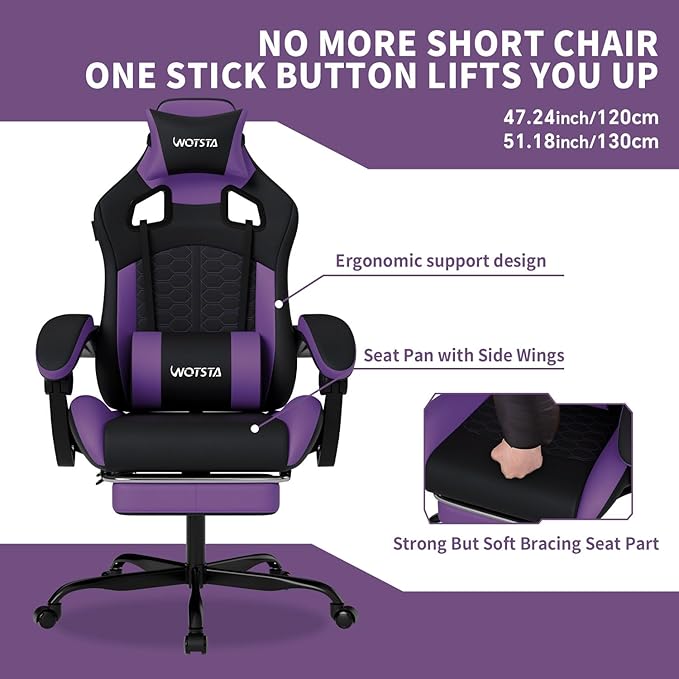 Gaming Chair with MassageErgonomic PC Gaming Chair with Footrest Comfortable Headrest and Lumbar SupportHigh Back Game Chair PVC Leather300LBS (BlackPurple)
