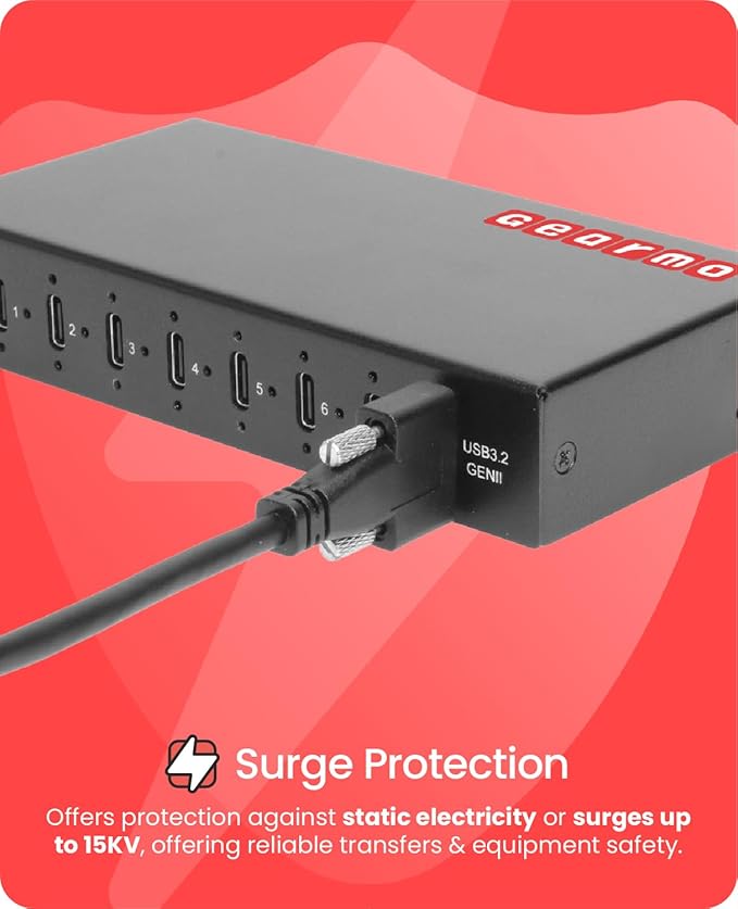 Gearmo 7 Port USB-C Hub - USB 3.2 Gen 2 10Gbps Secure Screw-Locking Ports ESD Protection Surface &amp DIN Mount