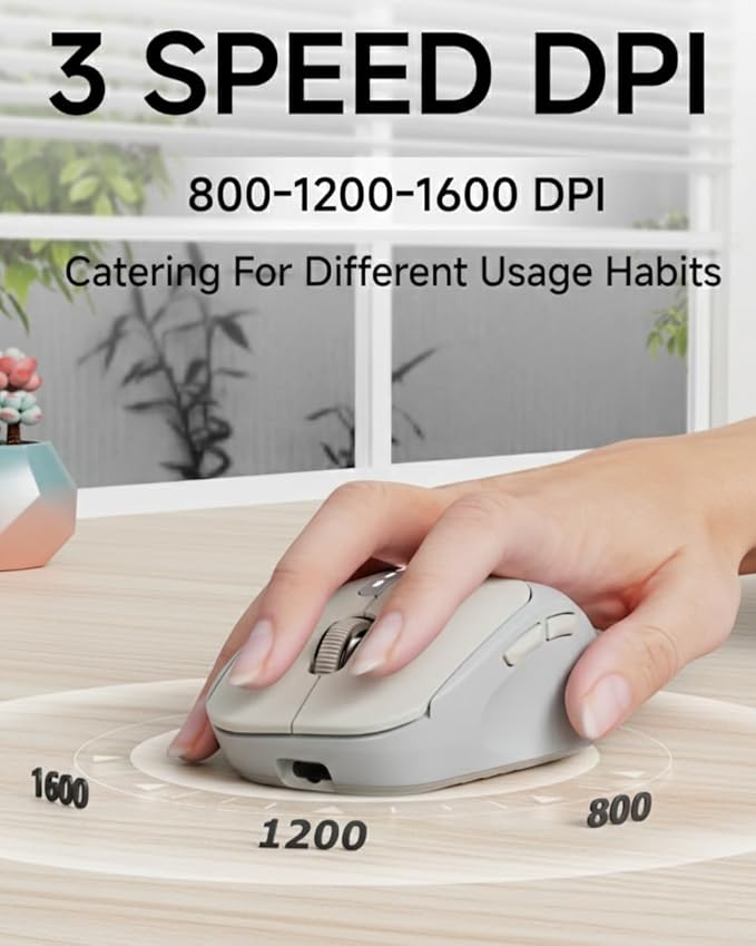 EWEADN Q5 Wireless Mouse Bluetooth &amp 2.4G Quiet Computer Mouses with Battery Level Display 1600 DPI Ergonomic Office Mouse 6 Button Portable Cute Computer Mouse for Laptop/PC/Mac - Grey