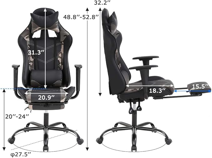 Gaming Chair Racing Office Chair Ergonomic Desk Chair Massage PU Leather Recliner PC Computer Chair with Lumbar Support Headrest Armrest Footrest Rolling Swivel Task Chair for Women Adults Camo
