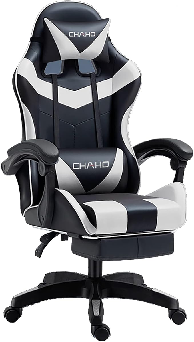 Gaming Chair Computer Chair with Footrest and Lumbar Support Height Adjustable Game Chair with 360°-Swivel Seat and Headrest and for Office or Gaming (WhiteV-Style)