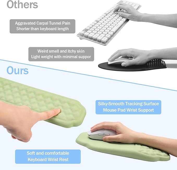 Ergonomic Mouse Pad and Keyboard Wrist Rest - Green Wrist Rest Keyboard with Mouse Wrist Pad Sets Soft Memory Foam Wrist Support for Laptop Mac Office Work Gaming