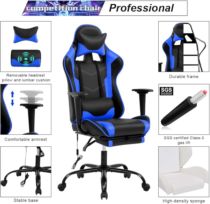Computer Swivel Gaming Chair Video Game Chair PU Leather Executive Chair High Back Gaming Office Chair with Lumbar Support Adjustable Armrest Headrest Footrest for BoysGirls(Blue)