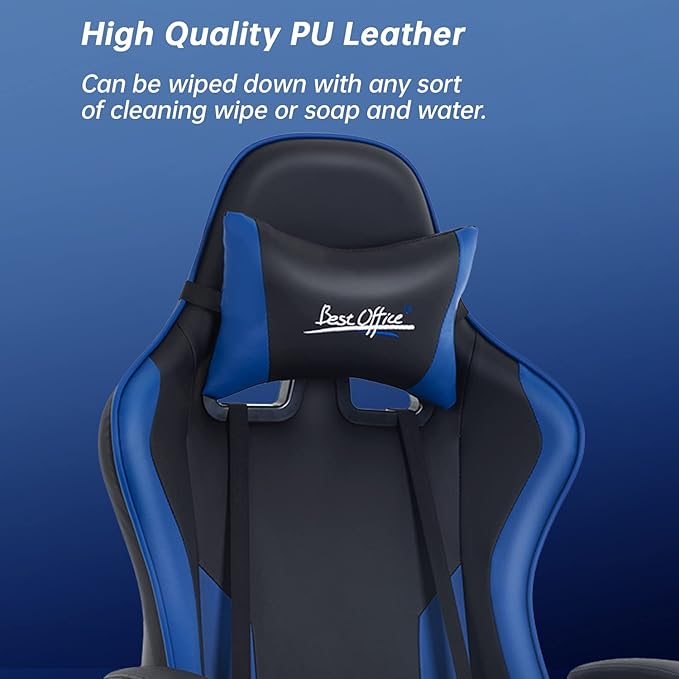 Gaming Chair Office Chair Desk Chair with Footrest Lumbar Support Headrest Armrest Task Rolling Swivel Ergonomic E-Sports Adjustable PC Gamer Chair (Blue)