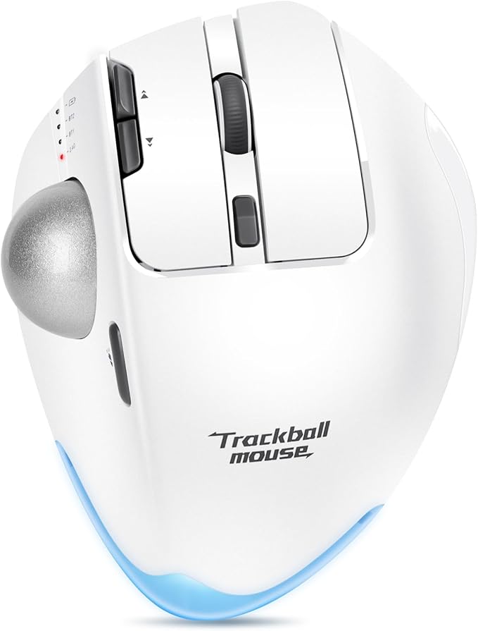 TRELC Wireless Trackball Mouse Ergonomic Rollerball Mouse with 4800 DPI/7 Programmable Buttons Thumb Control Mice Rechargeable Optical Mouse for 3 Devices for Windows PC Laptop Tablet (White)