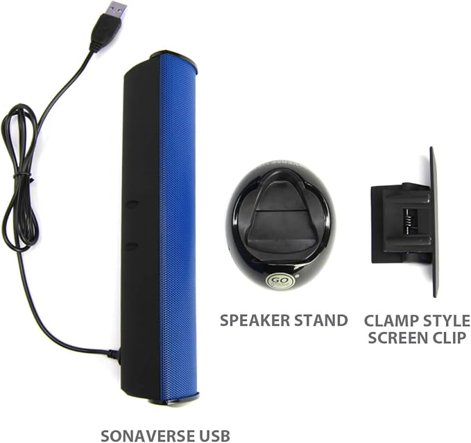 GOgroove SonaVERSE USB Speakers for Laptop Computer - USB Powered Mini Sound Bar with Clip-On Portable External Speaker Design for Monitor One Cable for Digital Audio Input and Power (Blue)