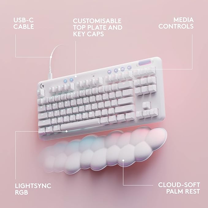 Logitech G713 Wired Mechanical Gaming Keyboard with LIGHTSYNC RGB Lighting Linear Switches (GX Red) and Keyboard Palm Rest PC and Mac Compatible - White Mist