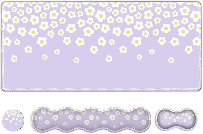 Desk Mat Gaming Mouse Pad Cute Desk Matt Keyboard Wrist Rest for Desktop Anti-Slip Mousepad w/Stitched Edges XXL Large Mouse Pad with Wrist Support for Desk Computer I Lavender Happy Flowers