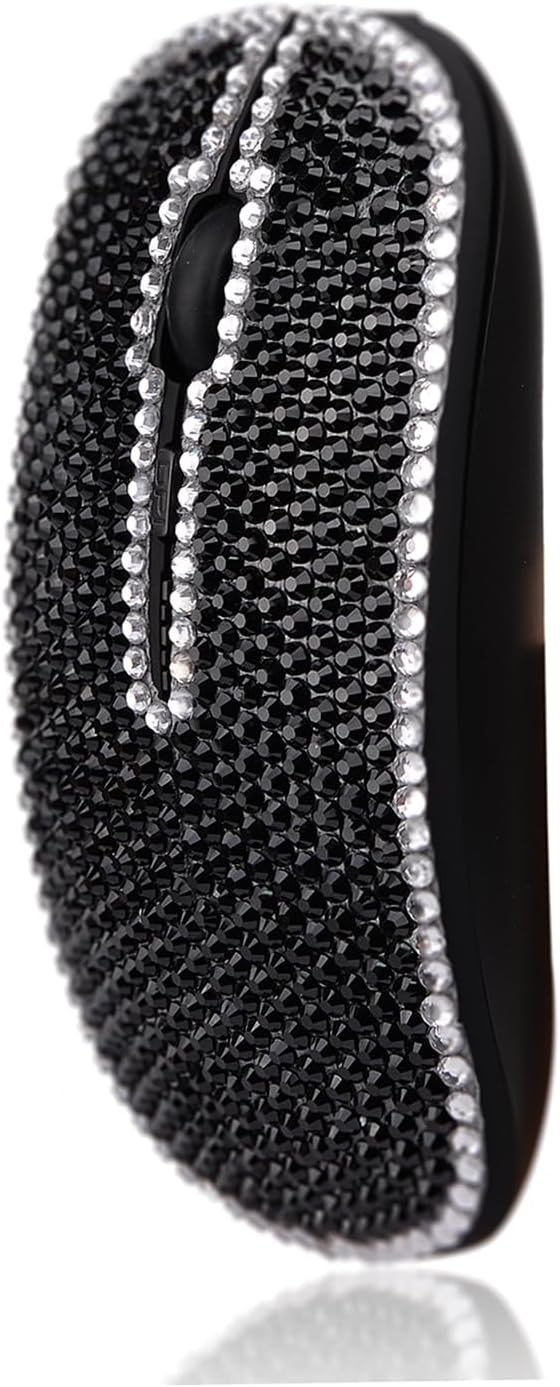 WONGS Bling Silver Edge Black Crystal Rhinestone Rechargeable Slim Silent Sparkly Computer Wireless Mouse with USB Receiver Bedazzled Mice for LaptopNotebook PC MacBook - Silver Edge