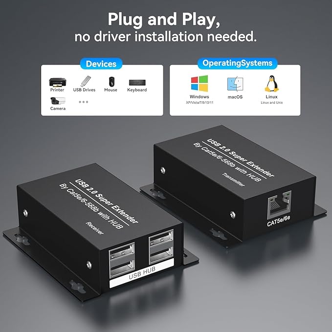 USB Extender Over Ethernet USB 2.0 HUB RJ45 Cat5e/6 196ft/60m up to 480Mbps Transfer Rate No Driver Required Supports POC Power Supply Supports Connecting Keyboard Mouse U Disk Printer etc.