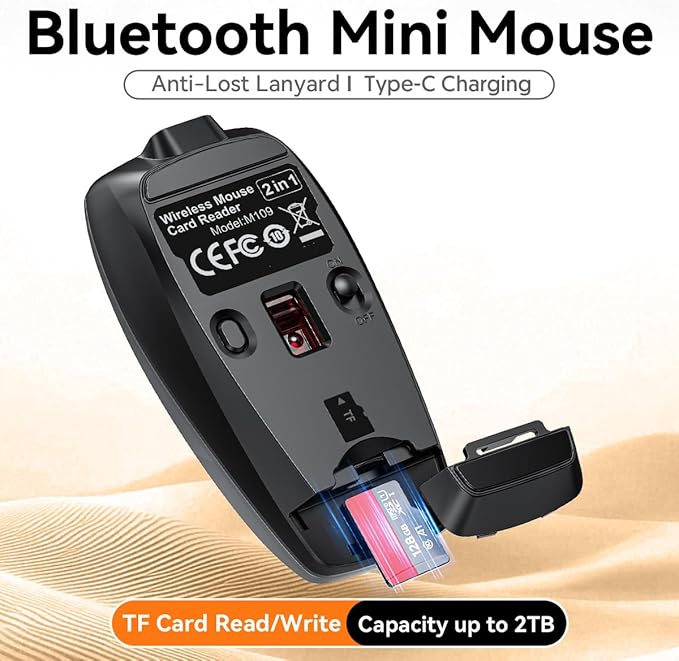 Wireless Mouse Mini Small Finger Bluetooth Mouse with TF Card ReaderSilent Pocket Portable Handheld Tiny Compact USB Travel Optical Mice for PC Laptop Computer Macbook Tablet Kids Women Men Gift