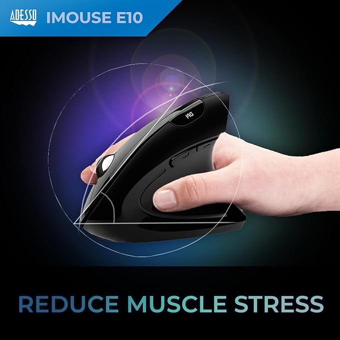 Adesso iMouse E10 - Vertical Ergonomic Optical 6-Button 2.4 GHz RF Wireless Mouse - Right Hand Orientation Black