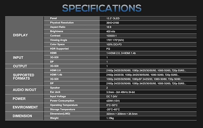 LILLIPUT 13.3 A13 OLED 4K 100000:1 Contrast and 100% DCI-P3 ColorQuad-Split3G-SDI in&ampOut HDMI×4 DP×1 Broadcast Monitor