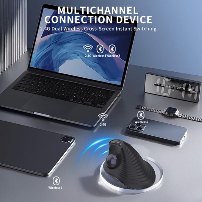 JOMAA Wireless Vertical Trackball Mouse - Ergonomic Design 3-Device Switching 2.4G/Bluetooth 5.0 Rechargeable Type-C Adjustable DPI Compatible with Windows/macOS/iOS/Android (Black)