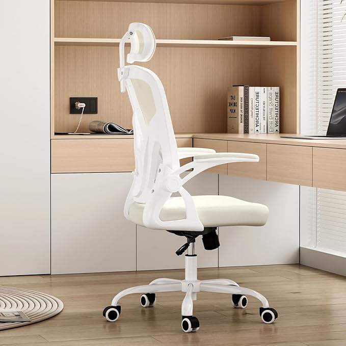 Ergonomic Office Chair with Adjustable Headrest and Flip-Up Armrests - High Back Mesh Computer Desk Chair with Lumbar Support for Home Office Gaming and Study 300 lbs Capacity (White Model E)