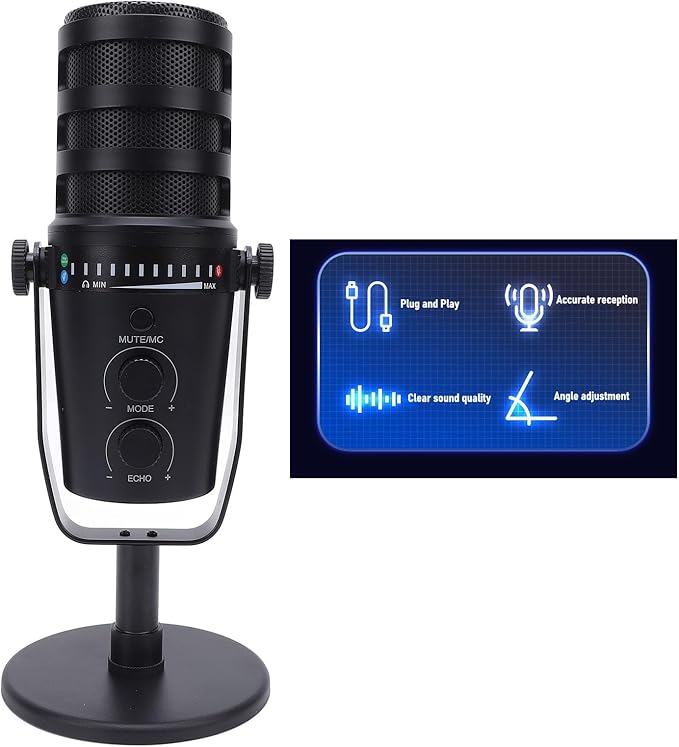 Akozon Professional Dynamic Microphone USB XLR Cardioid Mic Stand for Live Recording Karaoke Gaming