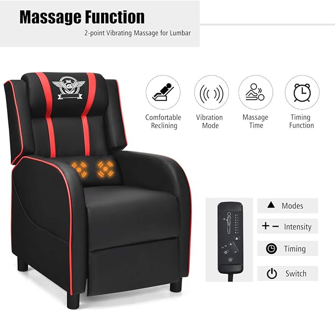 Harmony-Furniture Modern Massage Gaming Recliner Chair PU Leather Home Theater Recliner Chairs w/Footrest and Massage Racing Style Sofa Chair for Living Bedroom Gaming Room (Red)