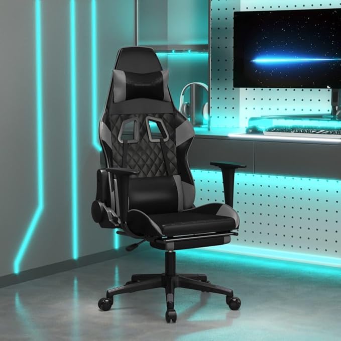 Gaming Chair with Footrest Black and Gray Faux Leather Gaming Chair with Ergonomic Design Adjustable Features - for Gamers and Office Use