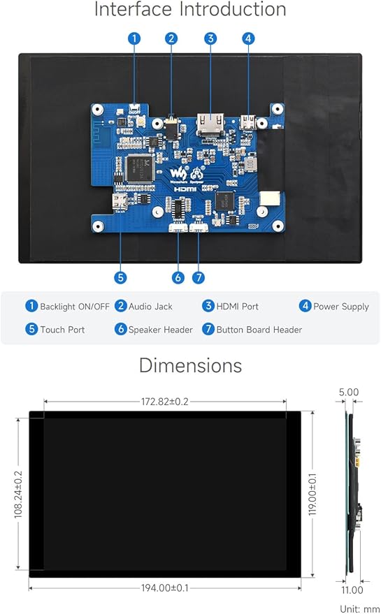 Waveshare 8inch Capacitive Touch LCD IPS Display Without Back Case 1280×800 Resolution HDMI Interface Compatible with Raspberry Pi 4B/3B+ etc. Support Jetson Nano/PC