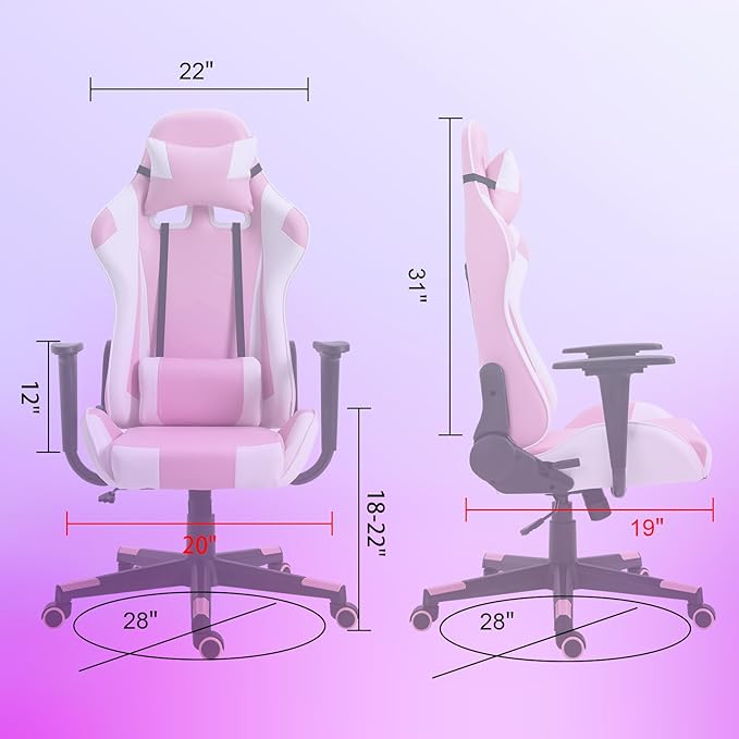 DIKEP Gaming Chair Recliner Gaming Chair with Footrest and Lumbar Support PU Leather Computer Desk Chair Height Adjustable with 360° Swivel Seat and Headrest for Adults - Pink &amp White