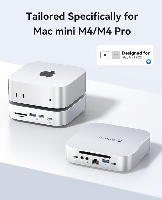 ORICO MiniLink Mac mini M4 Dock &amp Stand 2 × 10Gbps USB 3.2 Ports 10Gbps USB C USB A 3.0 2.5G Ethernet Port SD/TF 3.5mm Headphone &amp Microphone Jacks Compatible with Mac mini M4/M4 Pro (M