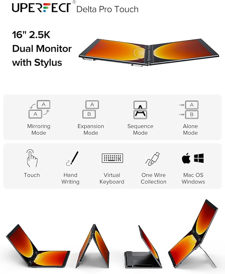 UPERFECT Delta Pro Touch Portable Monitor 16 2K Laptop Screen Extender Touchscreen Dual Monitor with Stylus First Pressure-Sensitive Touch Display Stacked Folding Vertical Dual Screen with Stand