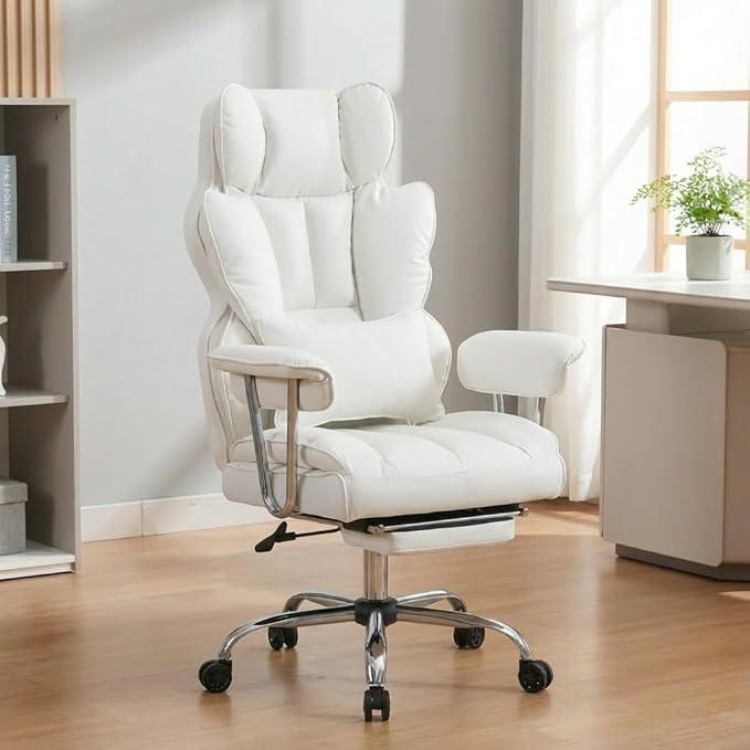 Big and Tall Office Chair 400lbs - Heavy Duty Executive Desk Chair with Footrest High Back PU Leather Ergonomic Computer Chair with Extra Wide Seat &amp Thick Cushion for Home Office (White)